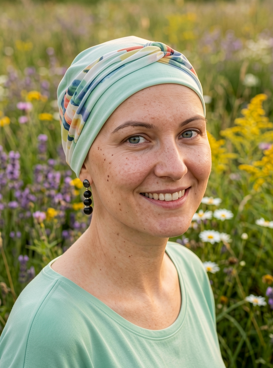 Soft comfortable chemo hat and removable headband - Tina mint kaleidoscope