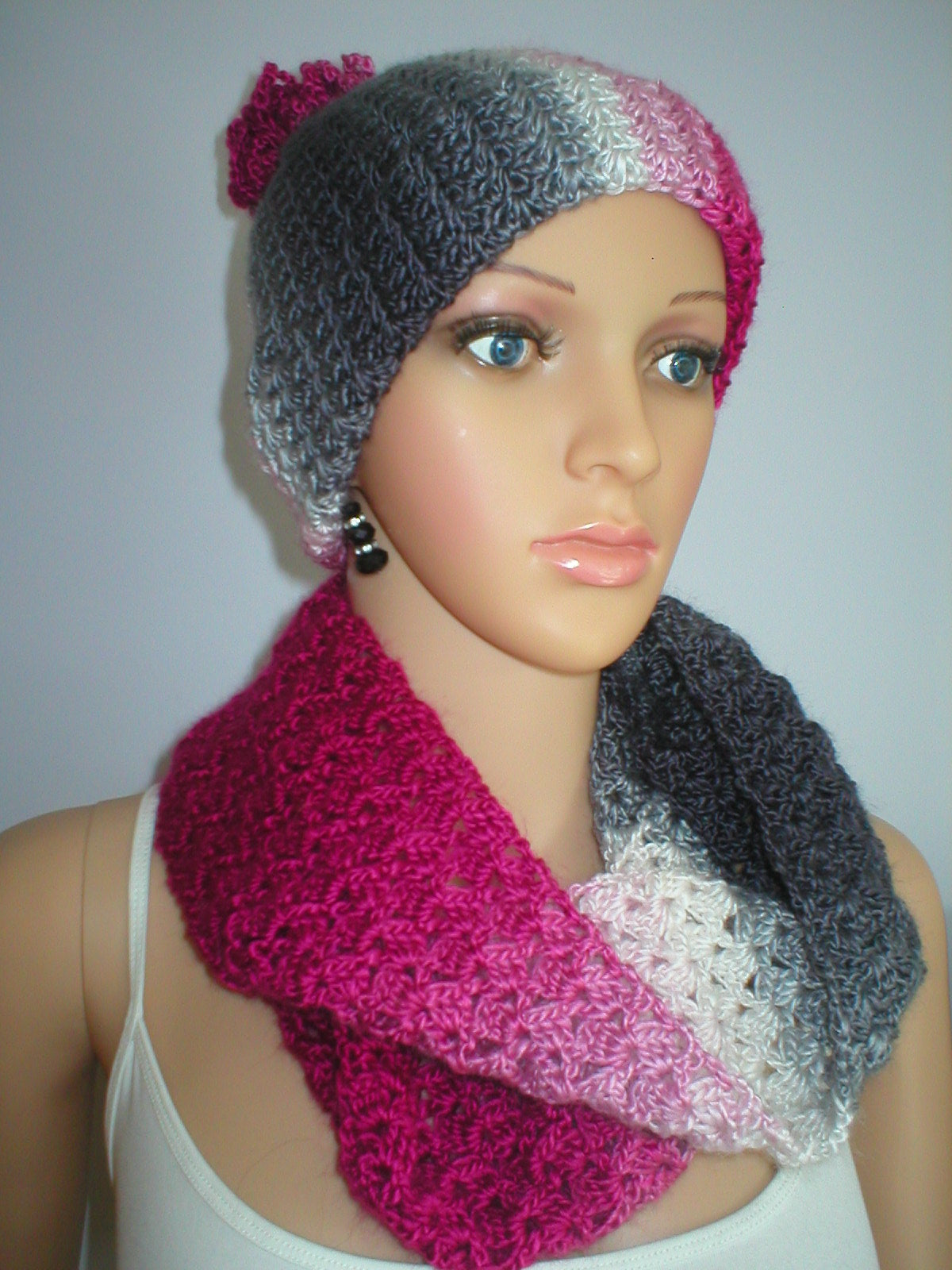 Supersoft hand crochet beanie hat with turn up and crochet pom pom and infinity scarf - Moonbeam