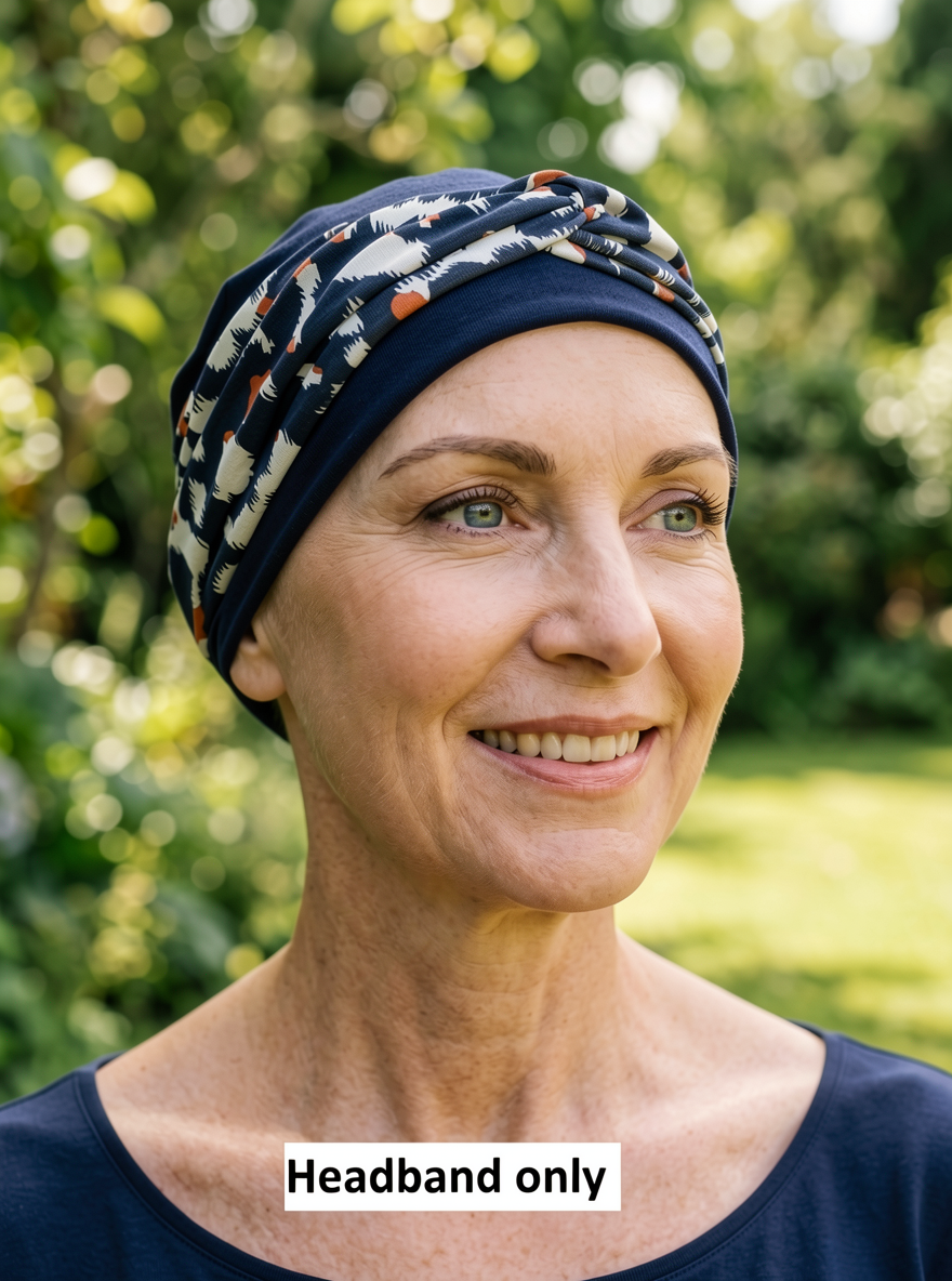 Soft jersey pattern twist chemo ladies headband Sara navy white cheetah
