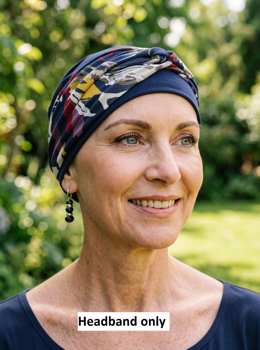 Sof jersey patterned stretchy chemo twist headbands - Sara Navy lily