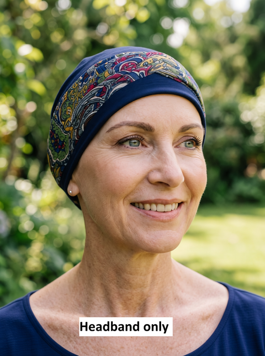 Soft twist jersey headband - chemo headwear accessory - Navy red paisley