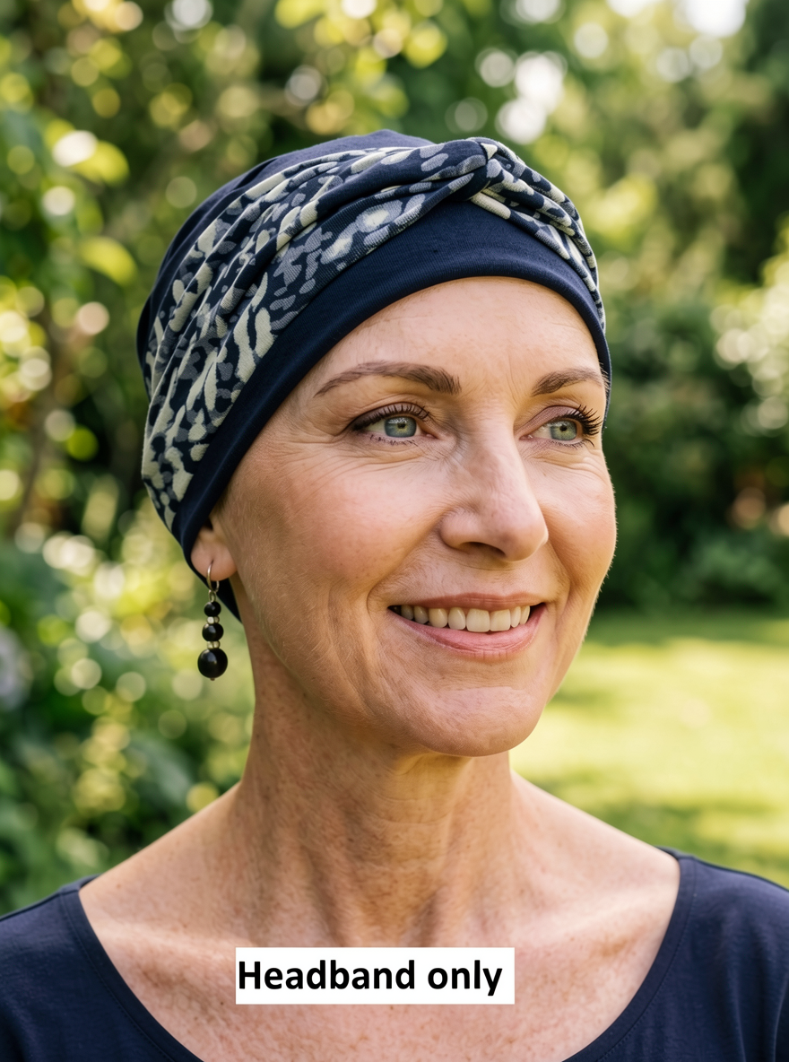 Soft jersey twist headband - chemo headwear accessory - Sara navy cream cobbles