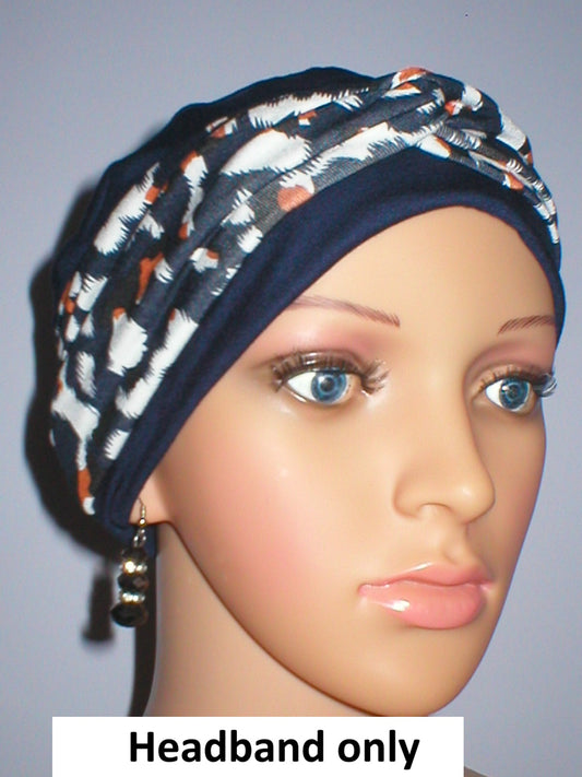 Soft jersey pattern twist chemo ladies headband Sara navy white cheetah