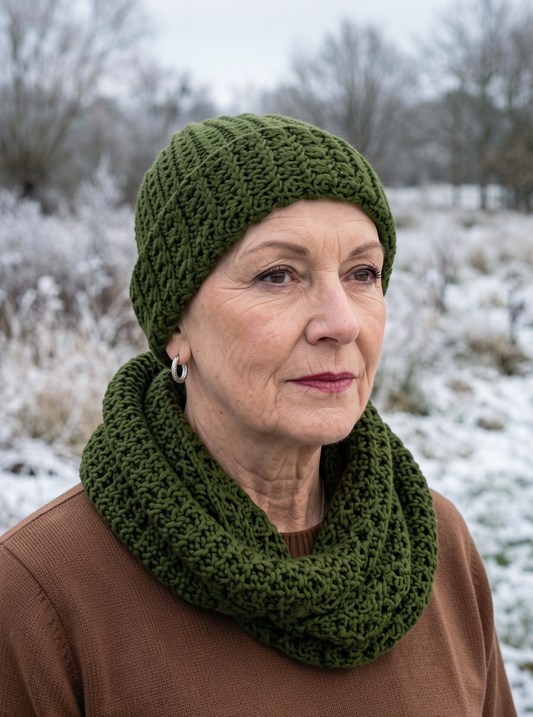 Supersoft hand crochet chunky beanie hat with turn up and infinity scarf - Olive