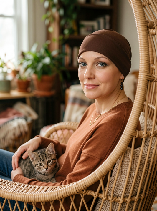 Soft comfortable base chemo hats for hair loss and alopecia - Olivia brown