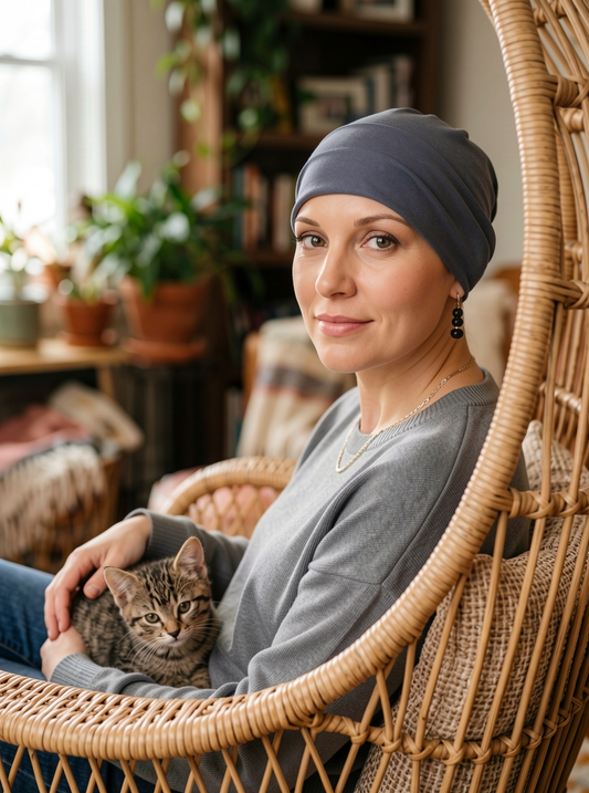 Soft comfortable base chemo hats for hair loss and alopecia - Olivia dark grey