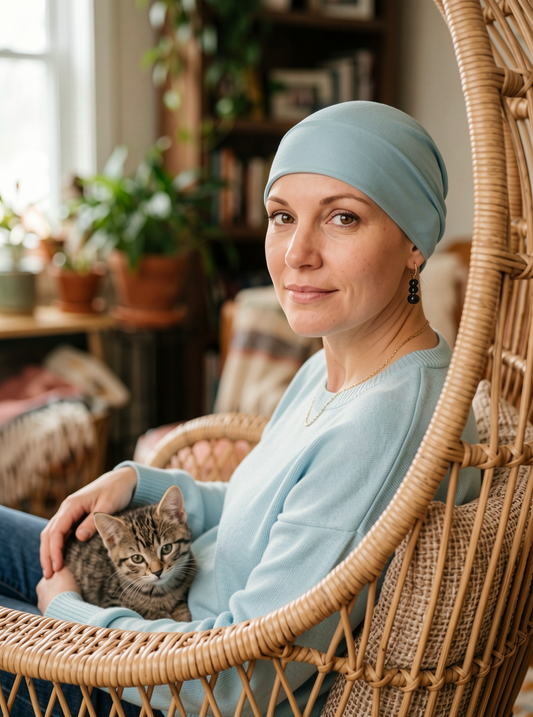 Soft comfortable base chemo hats for hair loss and alopecia - Olivia duck egg