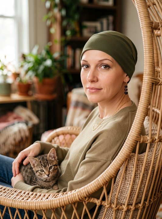 Soft comfortable base chemo hats for hair loss and alopecia - Olivia khaki