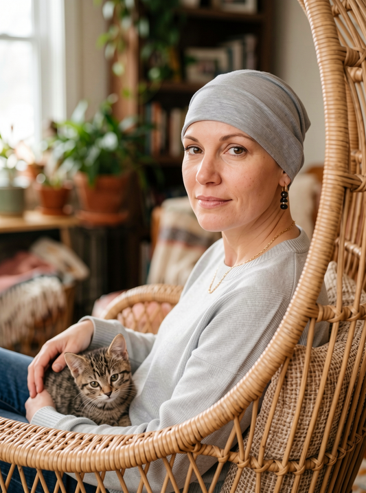 Soft comfortable base chemo hats for hair loss and alopecia - Olivia light grey marl