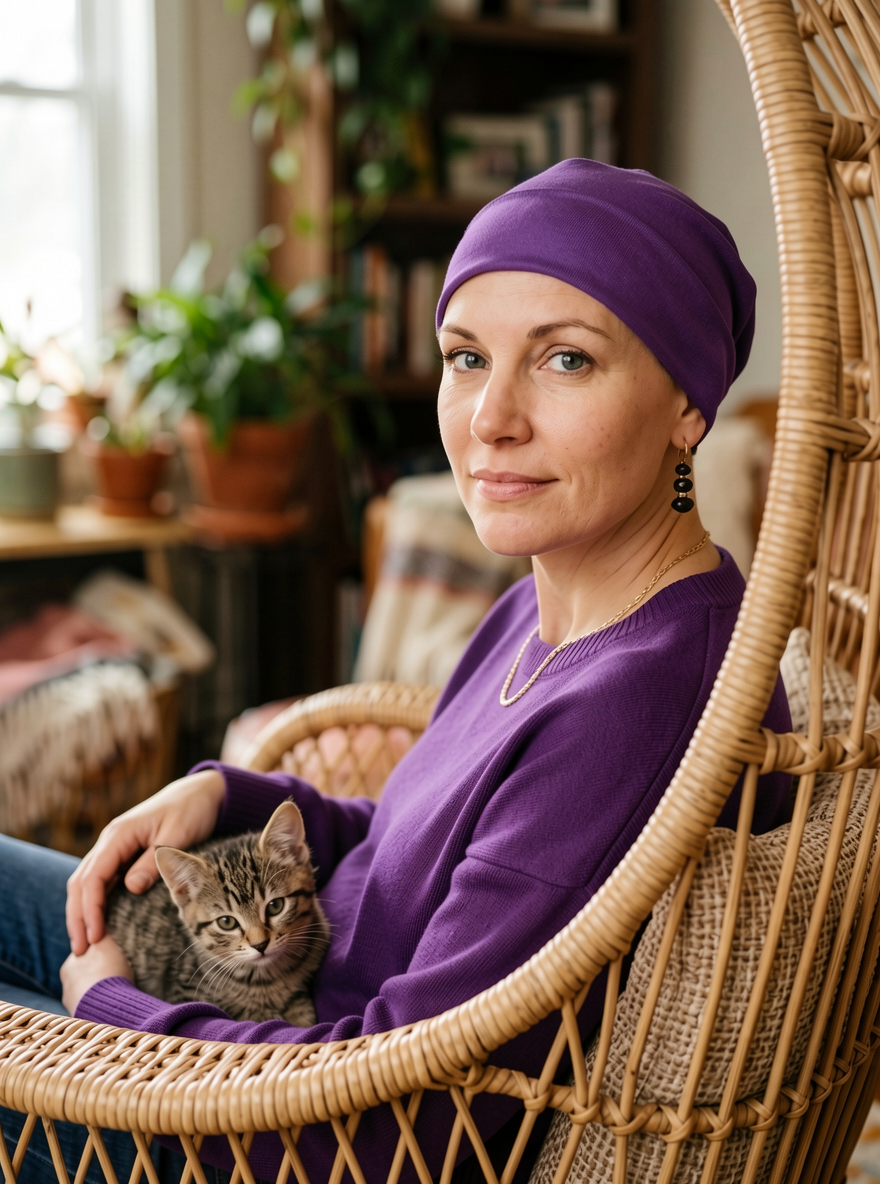Soft comfortable base chemo hat for cancer and alopecia - Olivia purple
