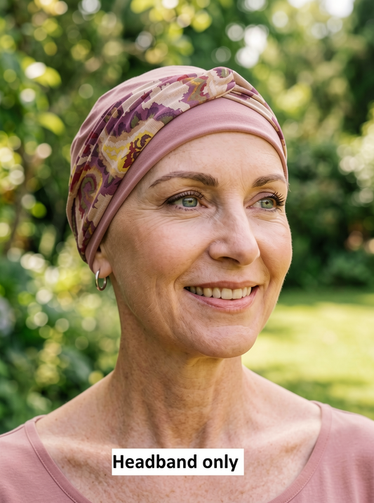 Soft patterned jersey twist chemo ladies headband - Sara plum paisley