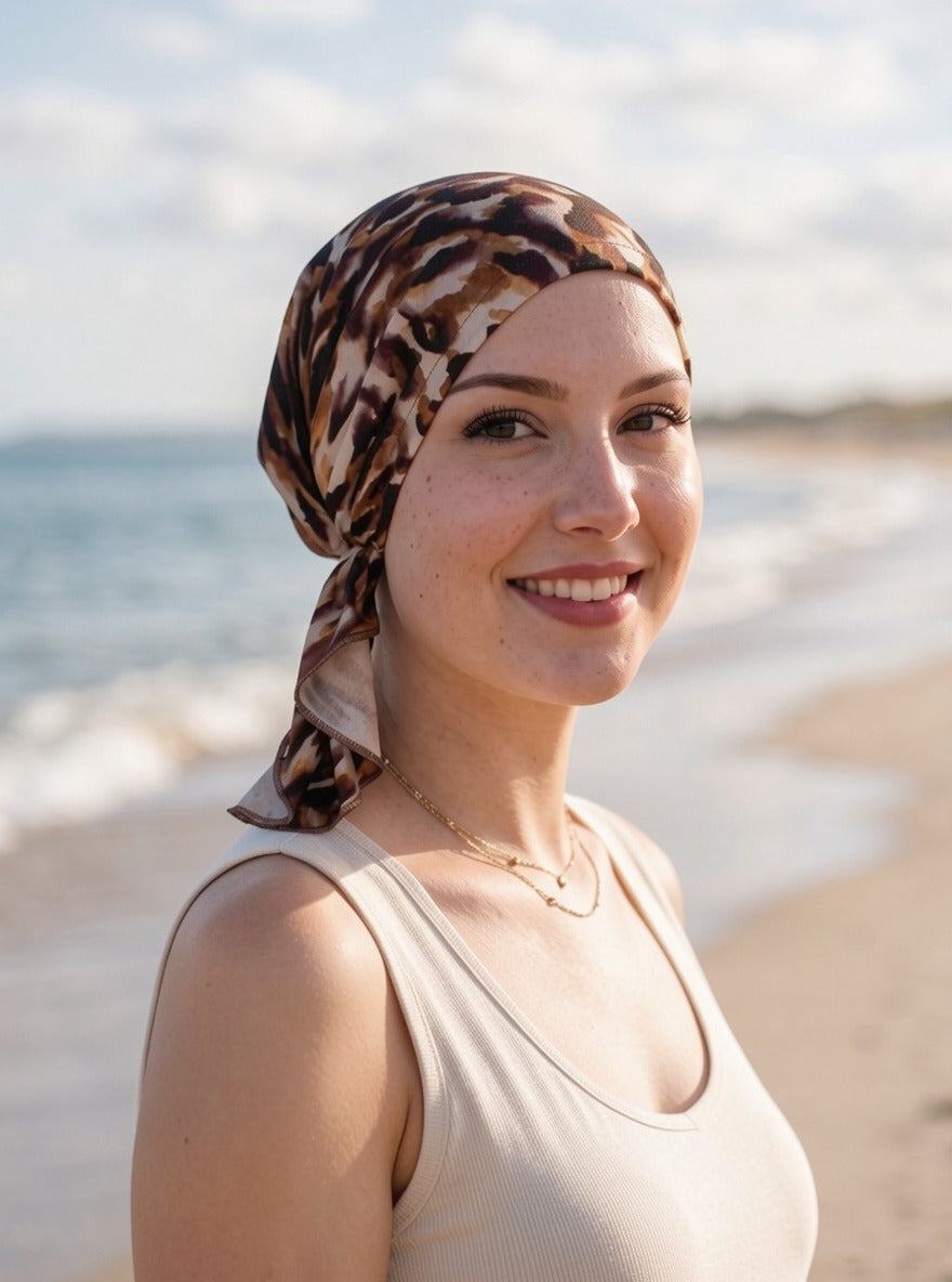 Soft lightweight jersey elasticated chemo bandana/ pre tied chemo scarf - Pippa brown caramel cheetah