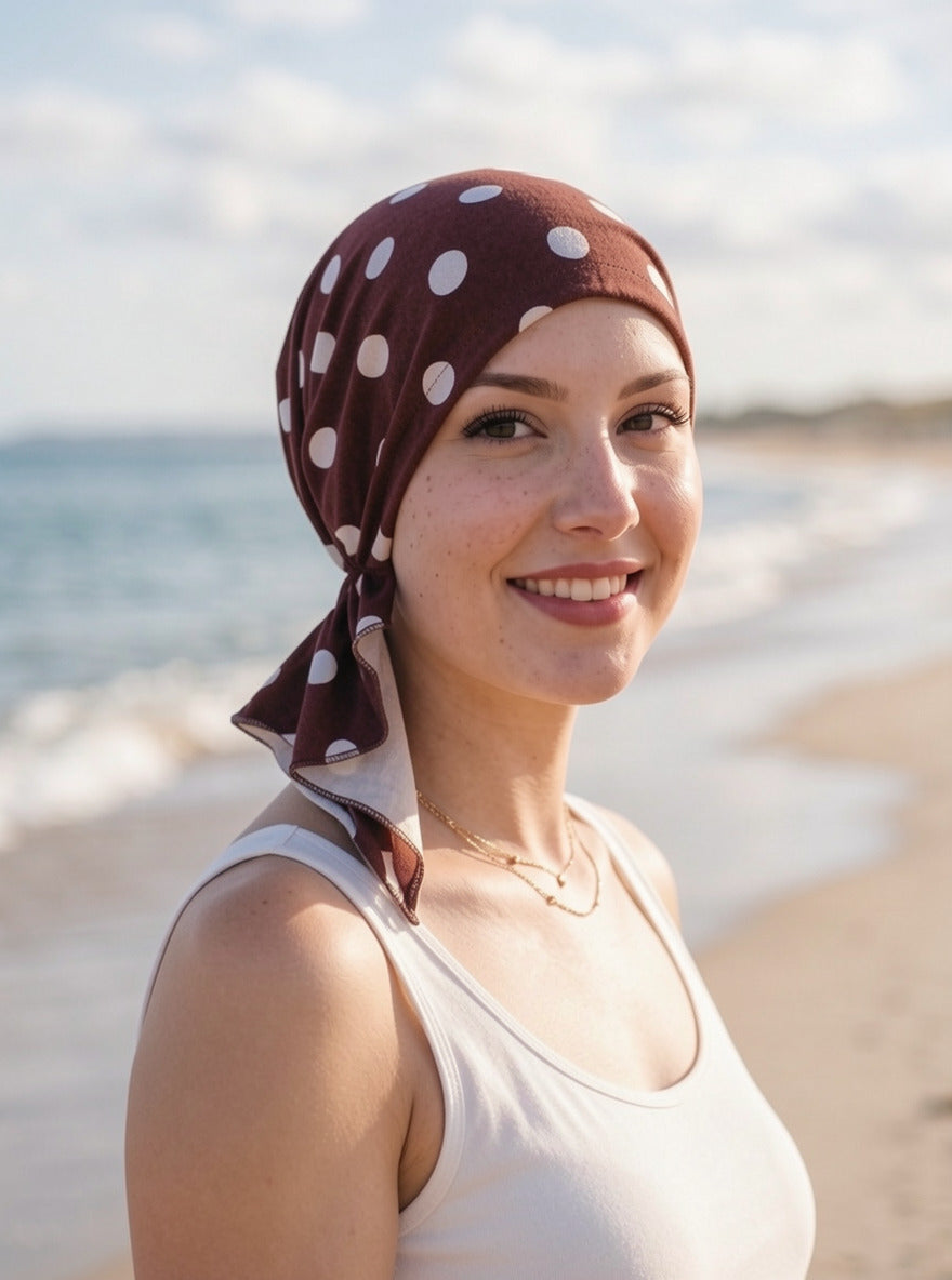 Soft lightweight chemo bandana - pre tied chemo scarf - Pippa brown polka