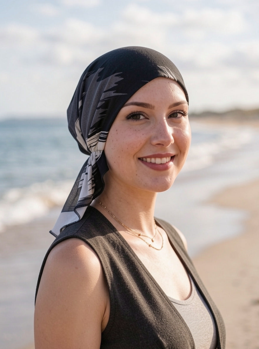 Soft lightweight jersey chemo bandana - pre tied chemo scarf - Pippa black grey brushstrokes