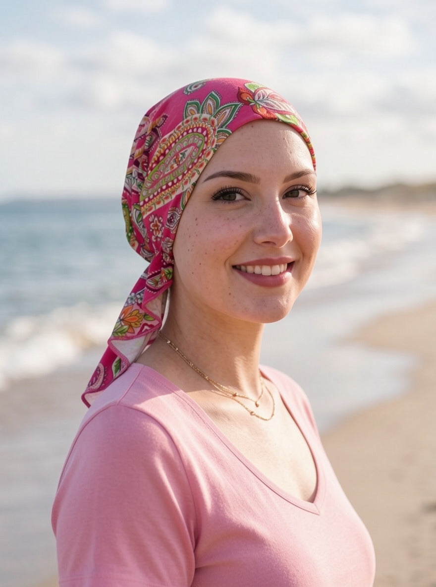 Lightweight jersey elasticated chemo bandana/ pre tied chemo scarf - Pippa pink paisley