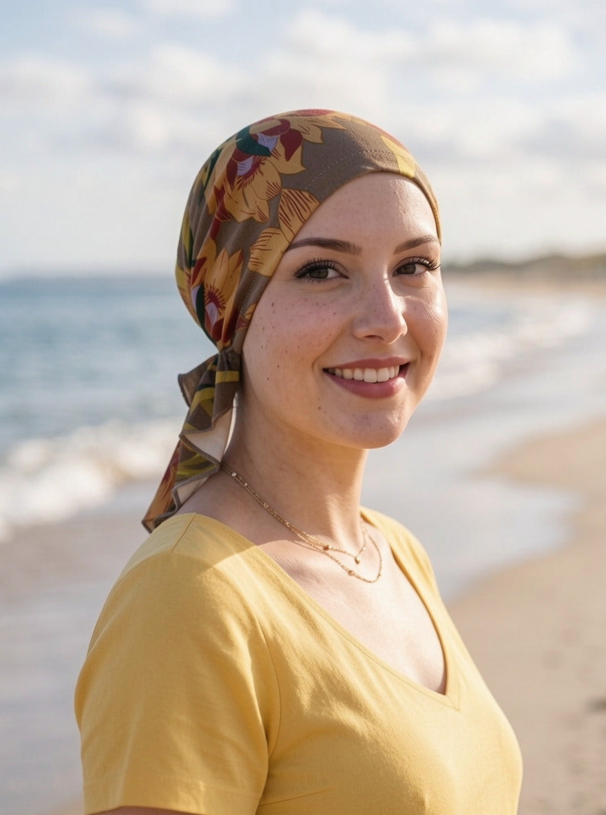 Softlightweight jersey chemo bandana - pre tied chemo scarf - Pippa sunflowers