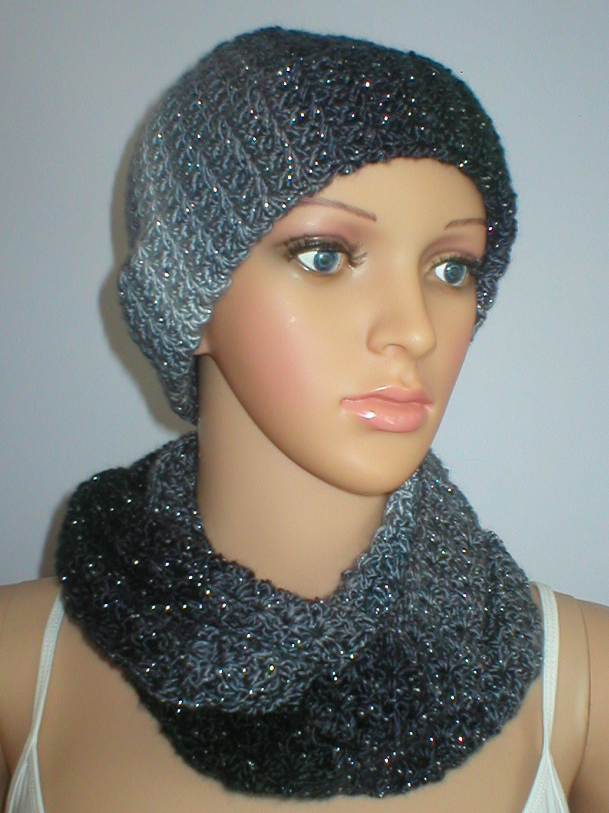 Supersoft hand crochet sparkle beanie hat with turn up and infinity scarf - Shadow