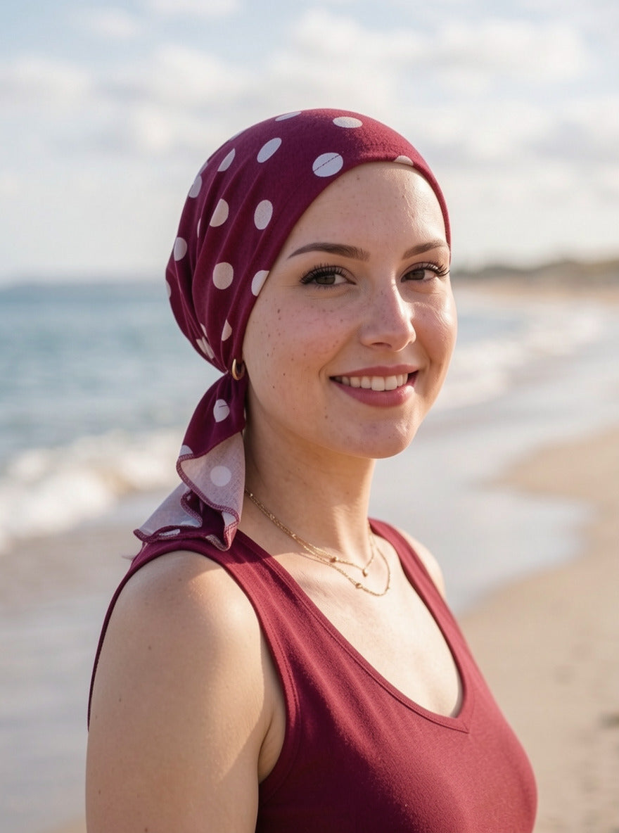 Soft lightweight jersey chemo bandana - pre tied chemo scarf - Pippa wine polka