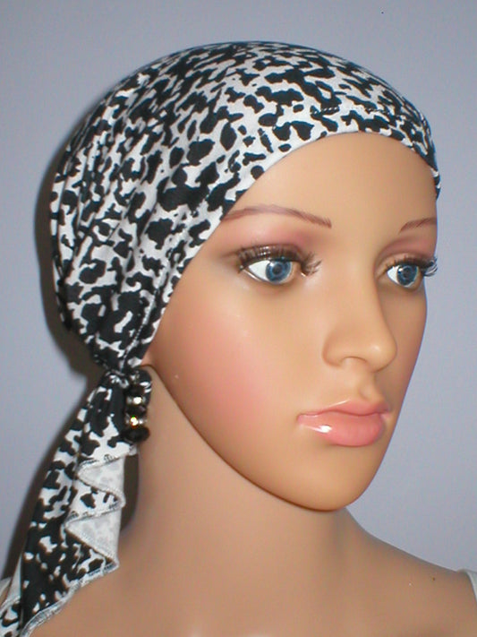Soft lightweight jersey chemo bandana - Pre tied chemo scarf - Pippa black white cheetah