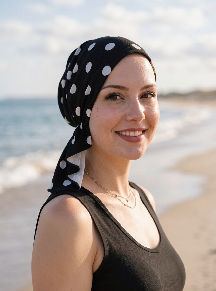 Soft lightweight jersey elasticated chemo bandana/ pre tied chemo scarf - Pippa black polka