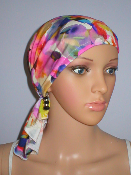 Soft lightweight jersey elasticated chemo bandana/ pre tied chemo scarf - Pippa bright floral