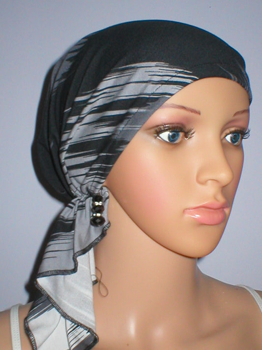 Supersoft lightweight jersey bandand - pre tied chemo scarf - Pippa black grey brushstrokes