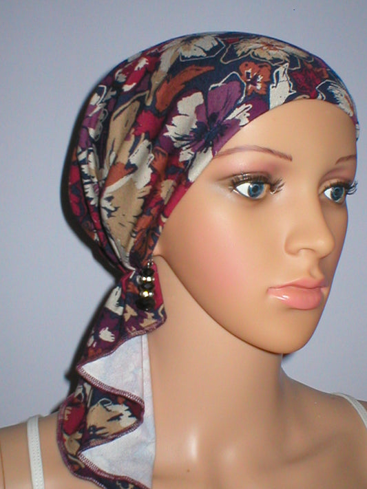Soft lightweight jersey chemo bandana - pre tied chemo scarf - Pippa navy pansy
