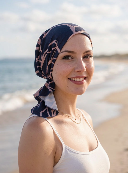Soft lightweight jersey chemo bandana - pre tied chemo scarf - Navy stone abstract