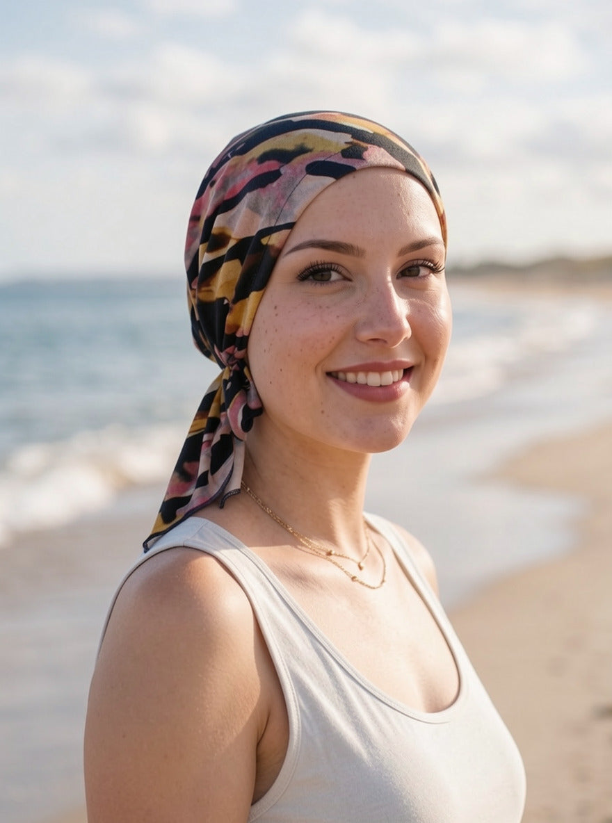 Soft lightweight jersey chemo bandana - pre tied chemo scarf - Navy yellow dusky art
