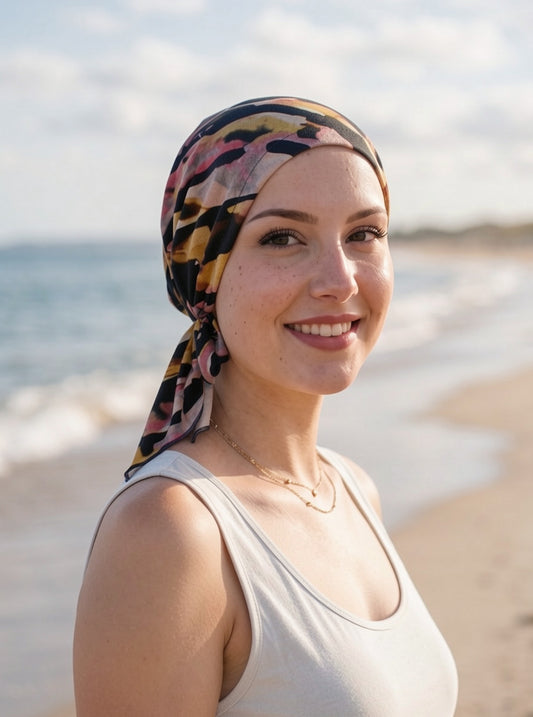 Soft lightweight jersey chemo bandana - pre tied chemo scarf - Navy yellow dusky art