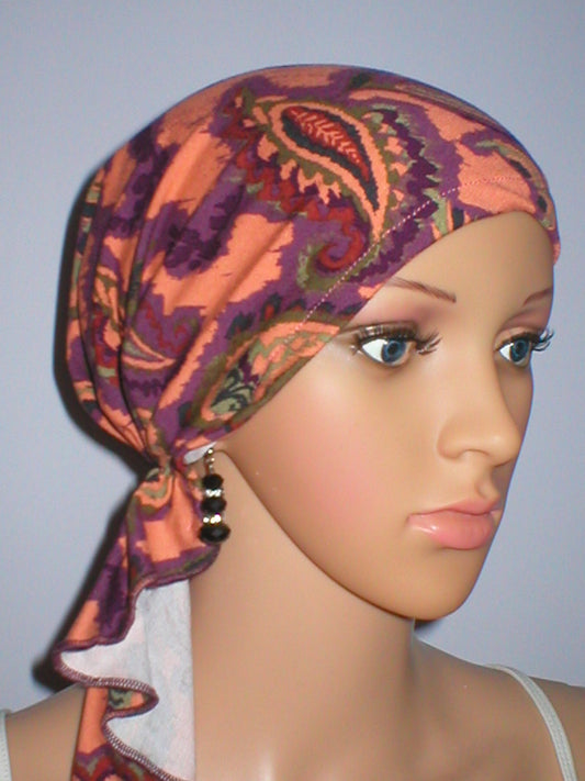 Soft jersey elasticated chemo bandana - pre tied chemo scarf - Pippa peach plum paisley