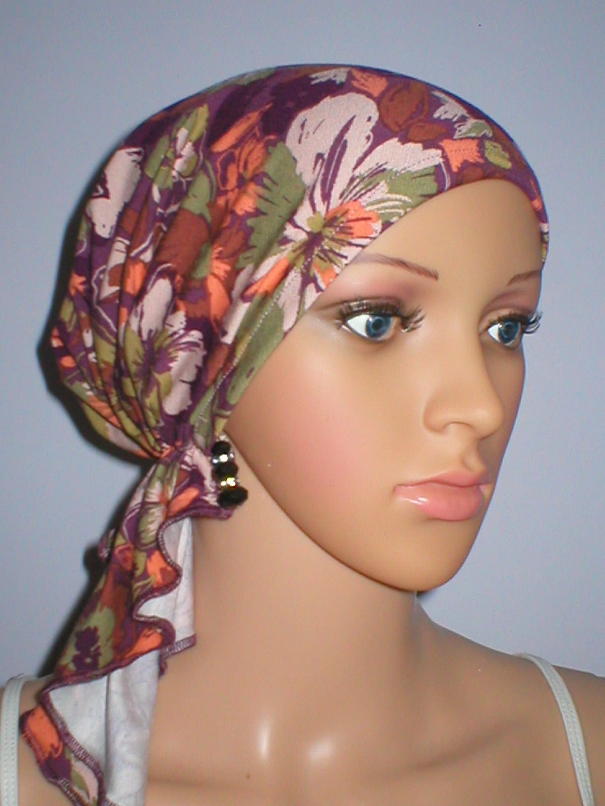 Soft lightweight jersey chemo bandana - pre tied chemo scarf - Pippa plum peach pansy