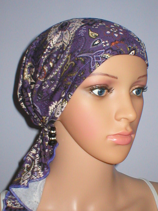 Soft lightweight jersey chemo bandana - pre tied chemo scarf - Pippa purple paisley