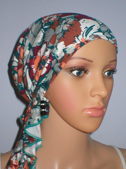 Soft jersey elasticated chemo bandana - pre tied chemo scarf - Pippa teal pansy