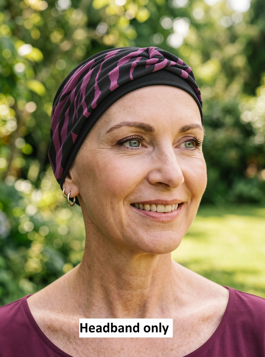 Soft jersey patterned chemo ladies headband - Sara plum black zebra