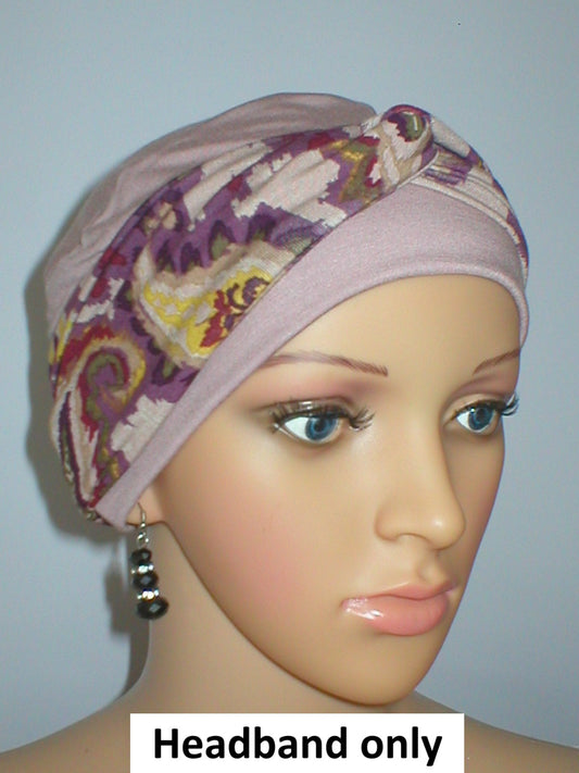 Soft patterned jersey twist chemo ladies headband - Sara plum paisley