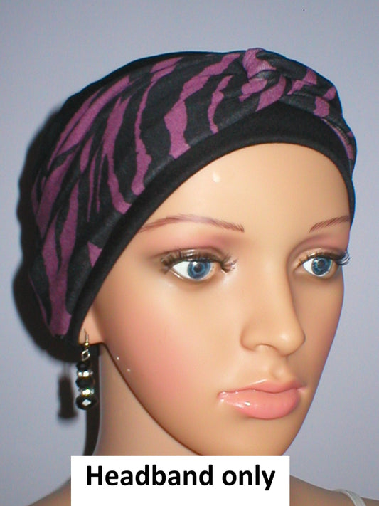 Soft jersey patterned chemo ladies headband - Sara plum black zebra