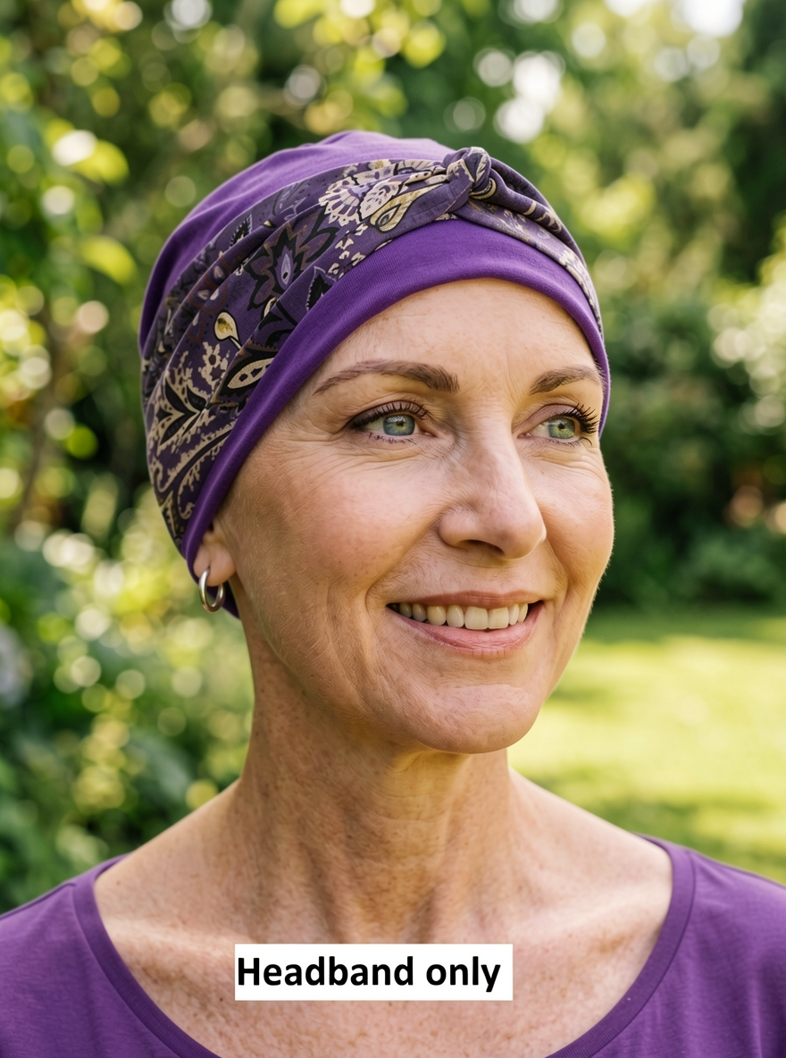 Soft patterned jersey twist chemo headband - Sara purple paisley