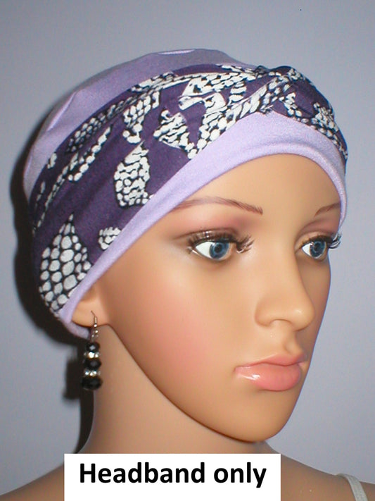 Soft twist jersey patterned stretchy chemo headbands - Sara purple dotty leaves