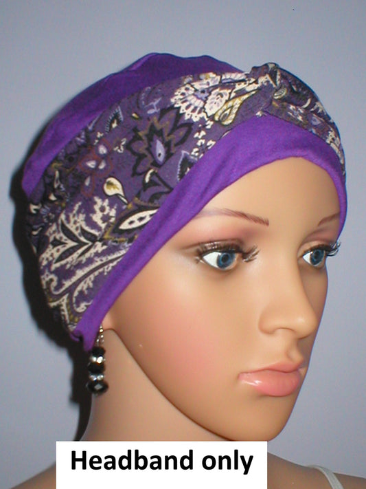 Soft patterned jersey twist chemo headband - Sara purple paisley