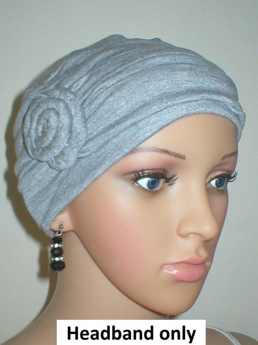 Soft jersey headband with rose- chemo hat accessory - Rosa light grey marl