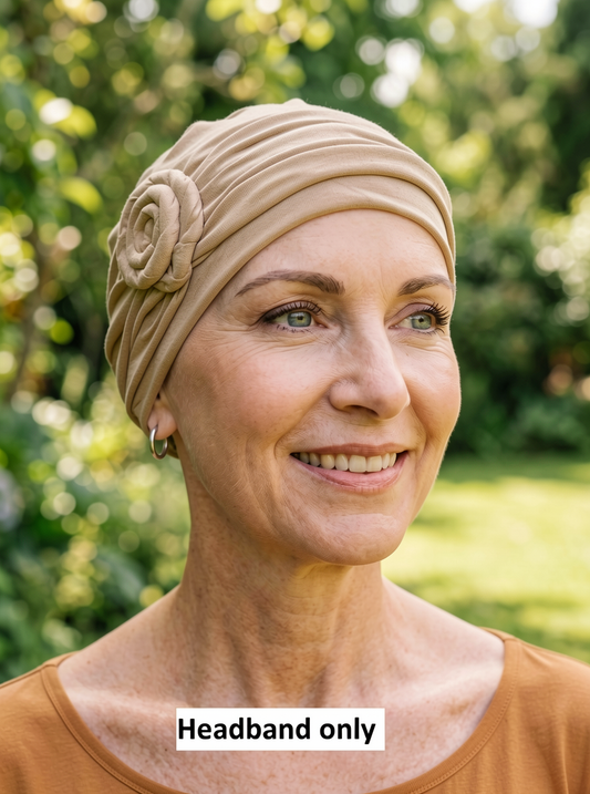 Soft jersey headband with rose - chemo hat accessory - Rosa caramel