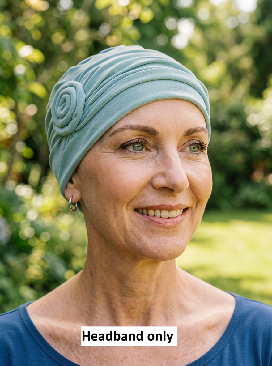 Soft jersey chemo headband with rose - chemo hat accessory - Rosa duck egg