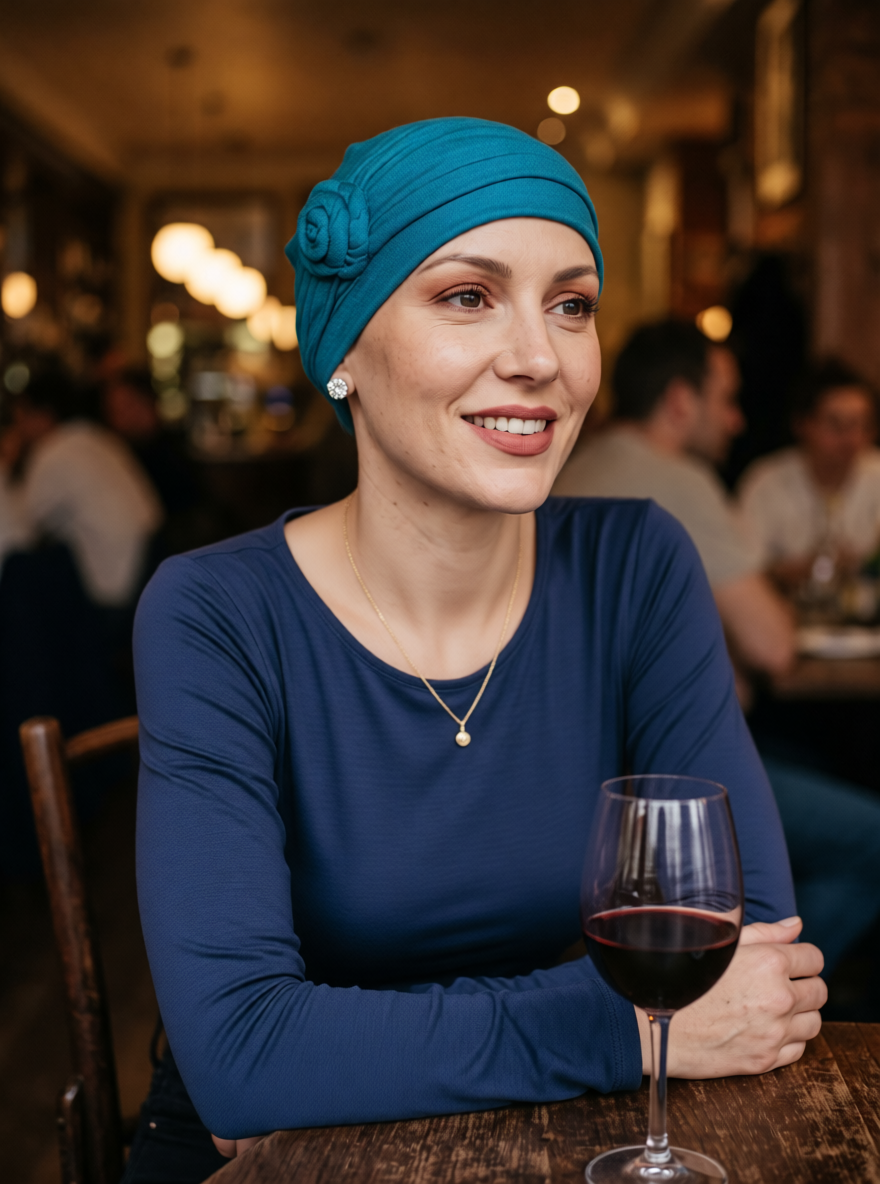 Soft womens chemo hat with removable rose headband - Rosie Teal