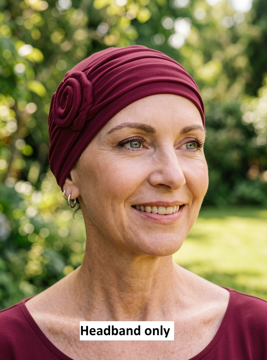 Soft jersey headband with rose - chemo hat accessory - Rosa wine