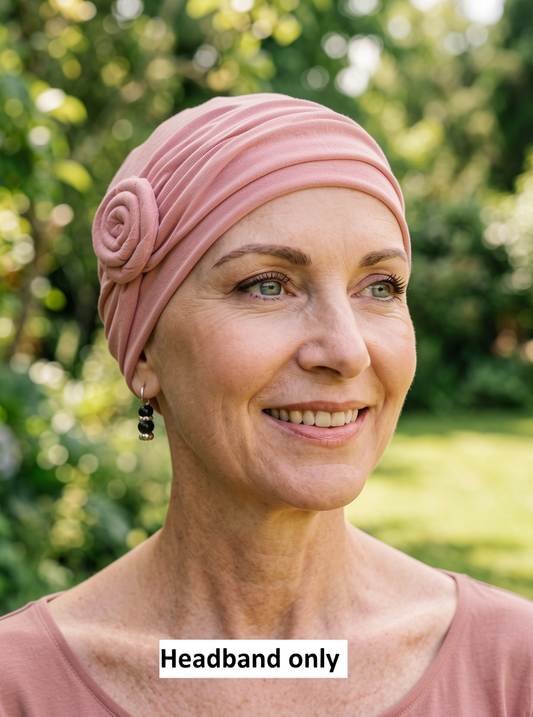 Soft jersey headband with rose - chemo hat accessory - Rosa dusky