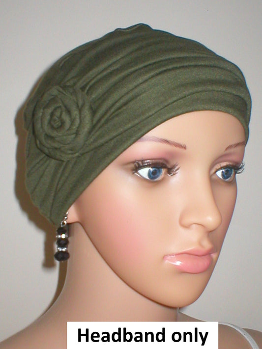 Soft jersey headband with rose - chemo hat accessory - Rosa khaki