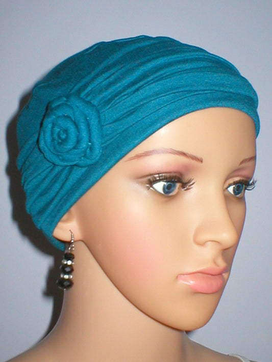 Soft womens chemo hat with removable rose headband - Rosie Teal