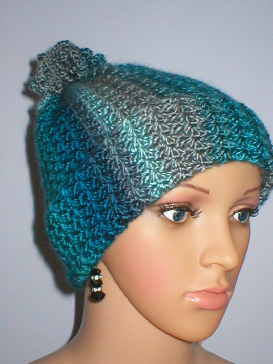 Soft hand crochet beanie with turn up and crochet pom pom - Sapphire