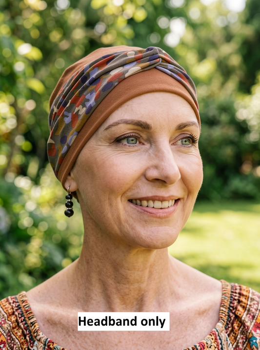Soft twist jersey patterned stretchy chemo headbands - Sara autumn colour palette